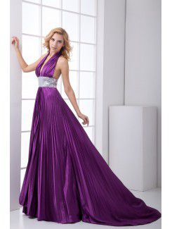 Satin V-Neckline Empire line Chapel Train Sequins and Sash Prom Dress