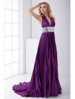 Satin V-Neckline Empire line Chapel Train Sequins and Sash Prom Dress