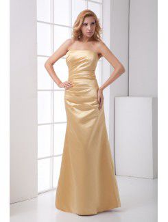 Satin Strapless Sheath Floor Length Gathered Ruched Prom Dress