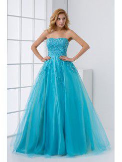 Strapless uma linha de comprimento do assoalho net e cetim bordado e lantejoulas vestido de baile