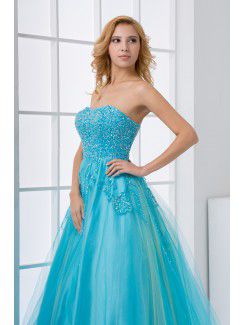 Net and Satin Strapless A-line Floor Length Embroidered and Sequins Prom Dress