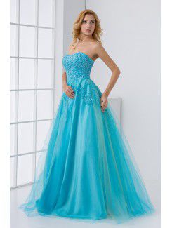 Net and Satin Strapless A-line Floor Length Embroidered and Sequins Prom Dress