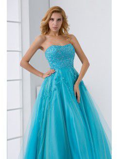 Net and Satin Strapless A-line Floor Length Embroidered and Sequins Prom Dress