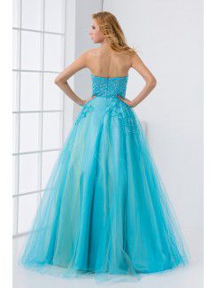 Net and Satin Strapless A-line Floor Length Embroidered and Sequins Prom Dress