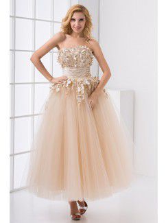 Net Strapless Ball Gown Ankle-Length Embroidered Prom Dress