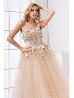 Net Strapless Ball Gown Ankle-Length Embroidered Prom Dress