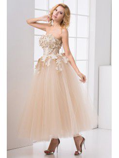 Net Strapless Ball Gown Ankle-Length Embroidered Prom Dress