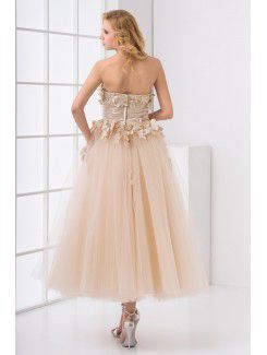 Net Strapless Ball Gown Ankle-Length Embroidered Prom Dress