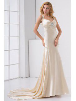 Satin Sweetheart Column Sweep Train Embroidered Prom Dress