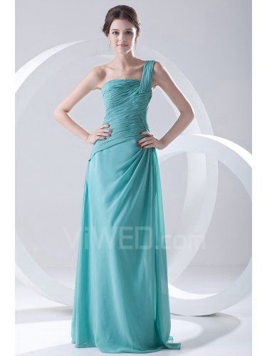 Chiffon strapless kolom vloer lengte directioneel ruches galajurk