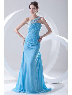 Chiffon One-Shoulder Sheath Sweep Train Directionally Ruched Prom Dress