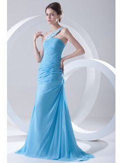 Chiffon One-Shoulder Sheath Sweep Train Directionally Ruched Prom Dress