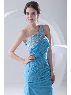 Chiffon One-Shoulder Sheath Sweep Train Directionally Ruched Prom Dress