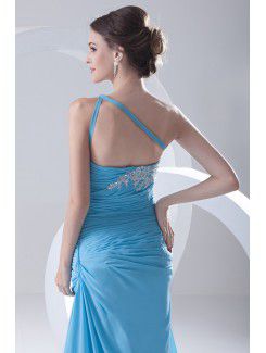 Chiffon One-Shoulder Sheath Sweep Train Directionally Ruched Prom Dress