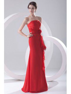 Chiffon Strapless Column Sweep Train Hand-made Flower Prom Dress