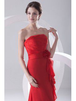 Chiffon Strapless Column Sweep Train Hand-made Flower Prom Dress