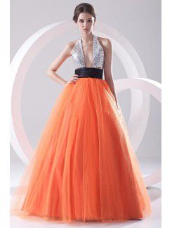 Net and Satin Halter A-line Floor Length Sash Prom Dress