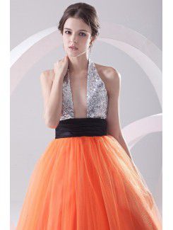 Net and Satin Halter A-line Floor Length Sash Prom Dress