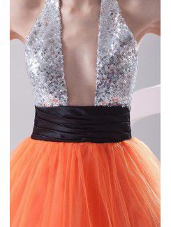 Net and Satin Halter A-line Floor Length Sash Prom Dress