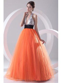 Net and Satin Halter A-line Floor Length Sash Prom Dress