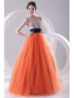 Net and Satin Halter A-line Floor Length Sash Prom Dress