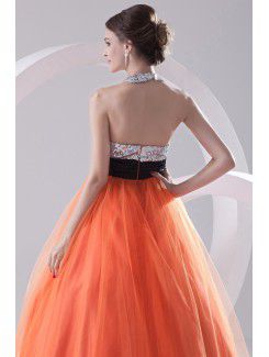 Net and Satin Halter A-line Floor Length Sash Prom Dress