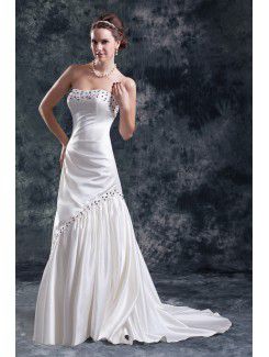 Satin Scoop Sweep Train Sheath Bead Wedding Dress