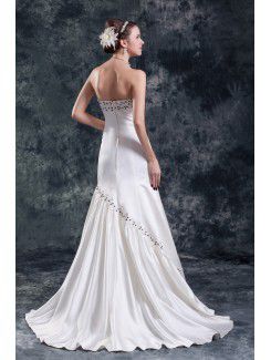 Satin Scoop Sweep Train Sheath Bead Wedding Dress