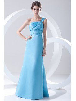 Satin One-Shoulder A-line Floor Length Crisscross Ruched Prom Dress