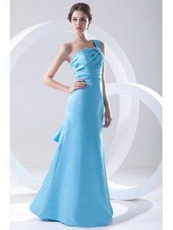 Satin One-Shoulder A-line Floor Length Crisscross Ruched Prom Dress