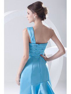 Satin One-Shoulder A-line Floor Length Crisscross Ruched Prom Dress