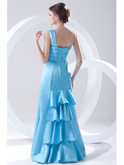 Satin One-Shoulder A-line Floor Length Crisscross Ruched Prom Dress