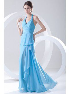 Chiffon Halter Column Floor Length Sash Prom Dress