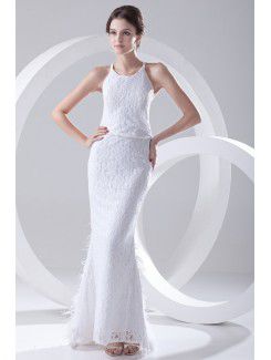 Lace Jewel Sheath Floor Length Feather Prom Dress