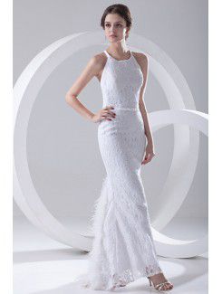 Lace Jewel Sheath Floor Length Feather Prom Dress