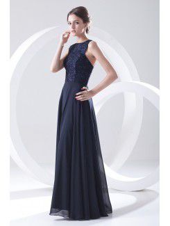 Chiffon Jewel Column Floor Length Embroidered Prom Dress