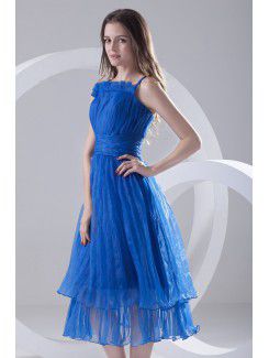 Organza Spaghetti A-line Tea-Length Sash Prom Dress