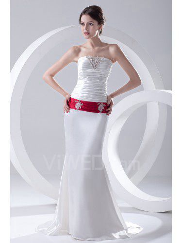 Satin Strapless Sheath Sweep Train Embroidered and Sash Prom Dress