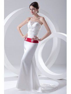 Satin Strapless Sheath Sweep Train Embroidered and Sash Prom Dress