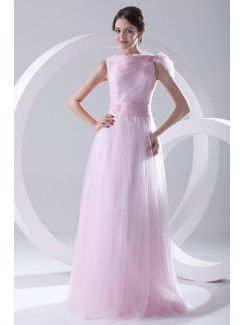 Satin and Net High Collar A-line Floor-Length Embroidered and Sash Prom Dress