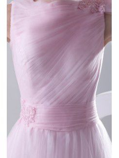 Satin and Net High Collar A-line Floor-Length Embroidered and Sash Prom Dress