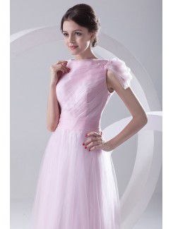 Satin and Net High Collar A-line Floor-Length Embroidered and Sash Prom Dress