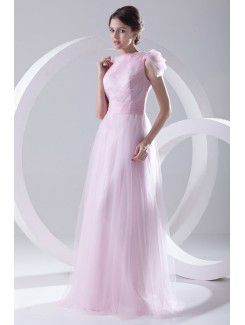 Satin and Net High Collar A-line Floor-Length Embroidered and Sash Prom Dress