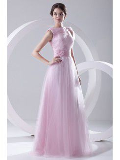 Satin and Net High Collar A-line Floor-Length Embroidered and Sash Prom Dress