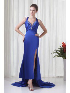 Satin V-Neckline Sheath Sweep Train Embroidered Prom Dress