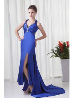 Satin V-Neckline Sheath Sweep Train Embroidered Prom Dress