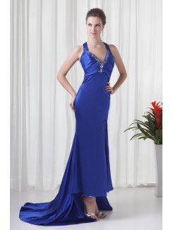 Satin V-Neckline Sheath Sweep Train Embroidered Prom Dress