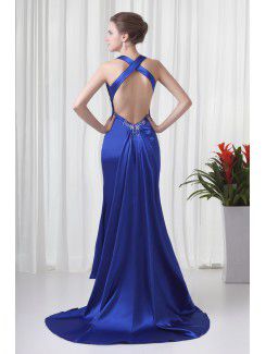 Satin V-Neckline Sheath Sweep Train Embroidered Prom Dress