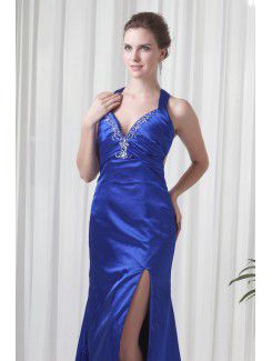 Satin V-Neckline Sheath Sweep Train Embroidered Prom Dress