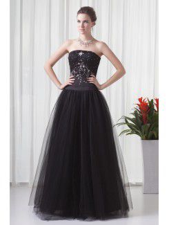 Net and Satin Strapless A-line Floor-Length Embroidered Prom Dress